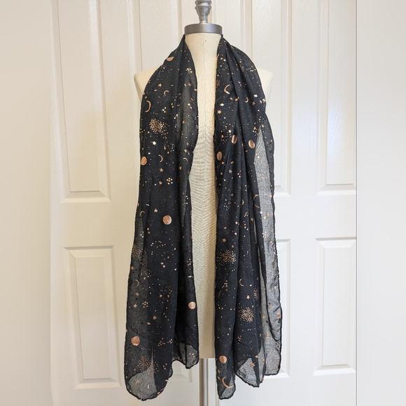 Copper Space Moons Stars Shawl Cover-Up Wrap Scarf Black - Picture 2 of 3